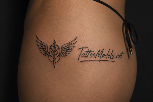 Minimalistisches Walküre Symbol Tattoo mit elegantem TattooModels.net Schriftzug auf der Hüfte einer Frau.