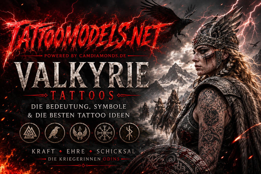 Walküre Tattoo mit nordischer Kriegerin, Runen, Raben, Blitzen und feurigem TattooModels.net Schriftzug.