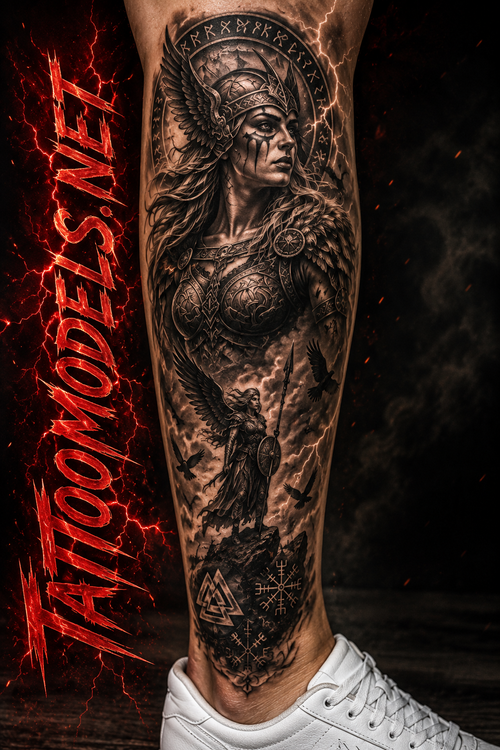 Walküre Tattoo am Schienbein mit Runen, Valknut und nordischen Symbolen im detailreichen Wikinger-Stil.