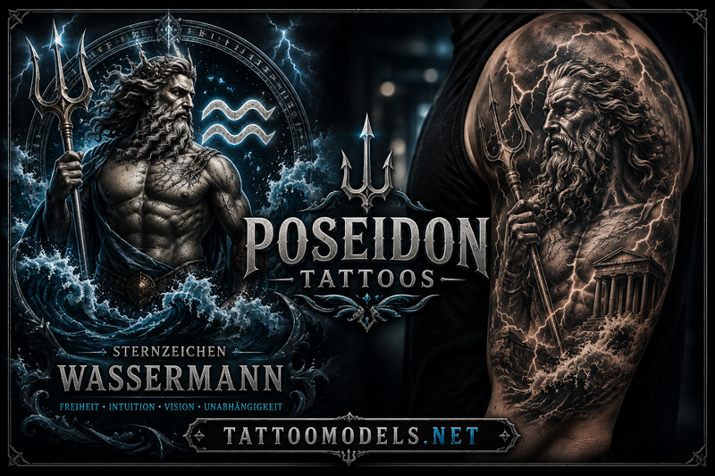 Poseidon mit Dreizack neben dem Zeichen des Wassermanns sowie realistisches Poseidon-Tattoo am Oberarm auf TattooModels.net.