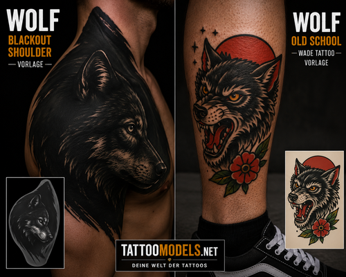 Blackwork Wolf Tattoo auf der Schulter und Oldschool Wolf Tattoo zwischen Wade und Schienbein