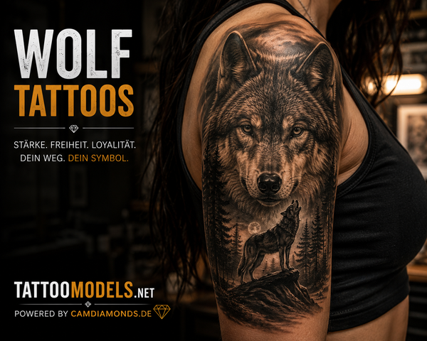 Realistic Wolf Tattoo am Oberarm mit Mond, Wald und Bäumen – TattooModels.net