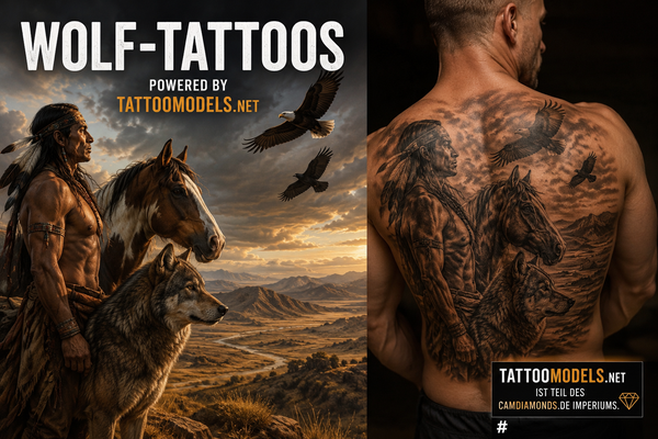 Wolf Rückentattoo mit indigener Figur, Pferd, Adler, Krähe und Prärie – TattooModels.net