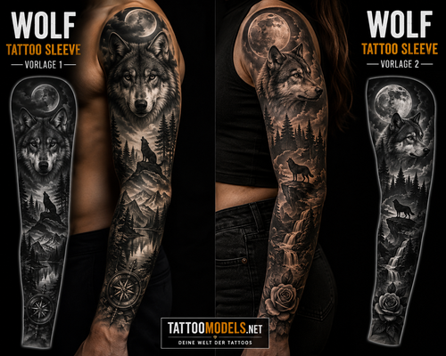 Zwei Wolf Tattoo Sleeve Vorlagen in Black & Grey mit Mond, Wald und Naturmotiven