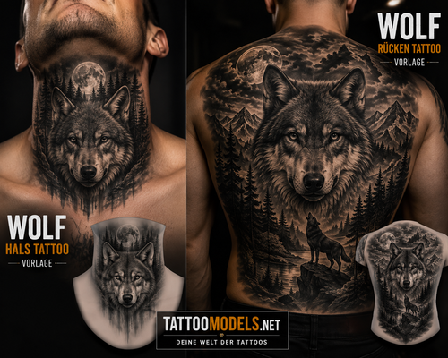 Wolf Tattoo Vorlagen für Hals und Rücken mit Mond, Wald und Bergen – TattooModels.net