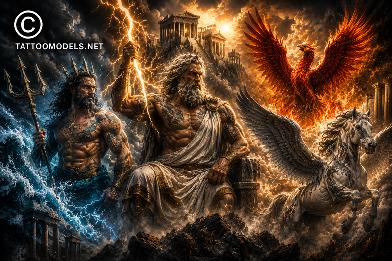 Zeus, Poseidon, Phönix und Pegasus am Olymp mit Blitzen, Meer, Feuer und Tempeln als Inspiration für mythologische Tattoo-Designs auf TattooModels.net.
