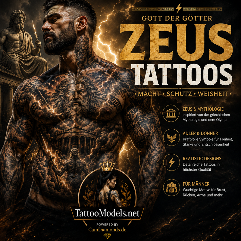Monumentales Zeus-Tattoo auf der Brust eines Mannes mit Blitzen und Tempeln der griechischen Mythologie. Inspiration für Realistic und Black-and-Grey Tattoos auf TattooModels.net.