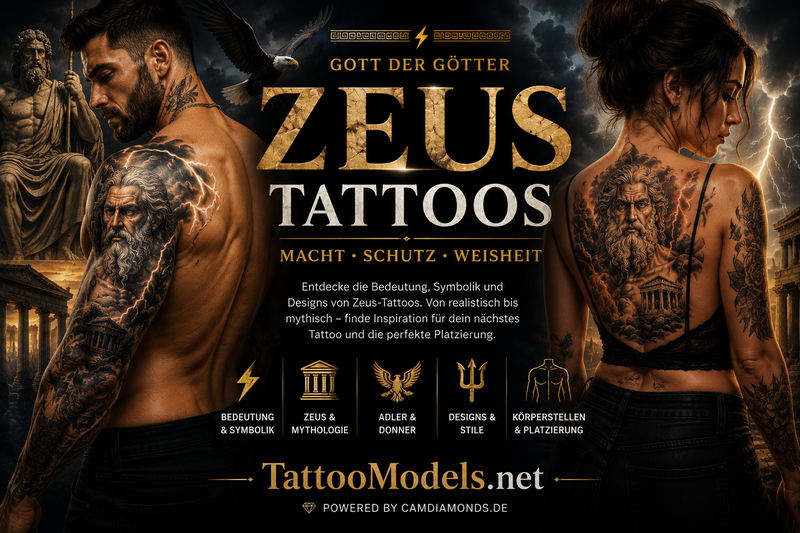 Tätowierter Mann und Frau mit Zeus-Tattoos an Oberarm, Schulter und Rücken. Motive mit Blitz, Adler und Tempeln als Inspiration für Realistic Tattoos und griechische Mythologie.