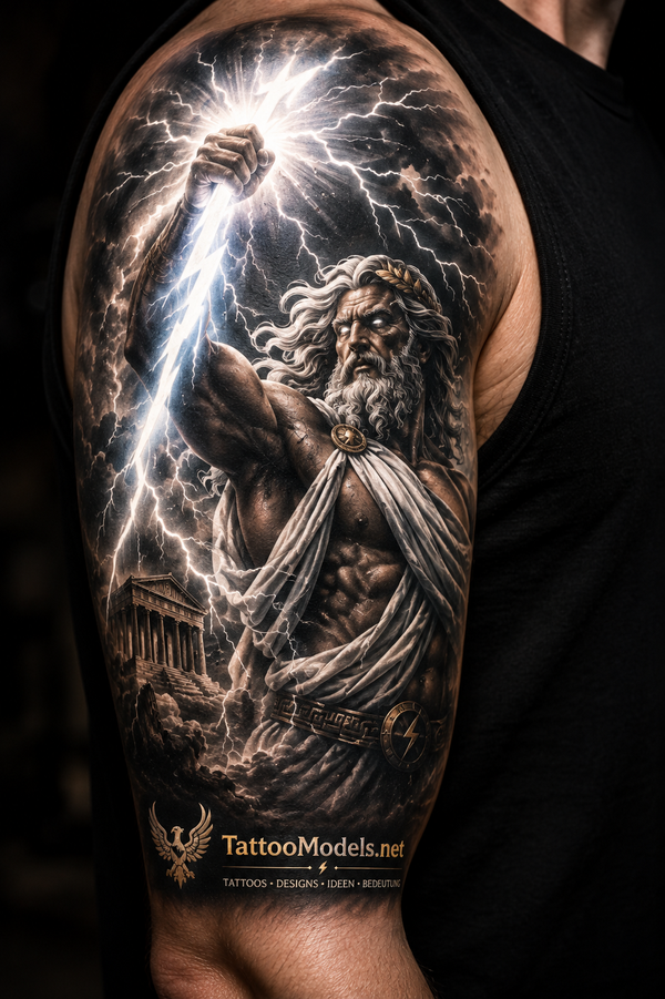 Realistisches Zeus-Tattoo am Oberarm mit gleißendem Blitz, Gewitterwolken und griechischem Tempel in Black and Grey auf TattooModels.net.