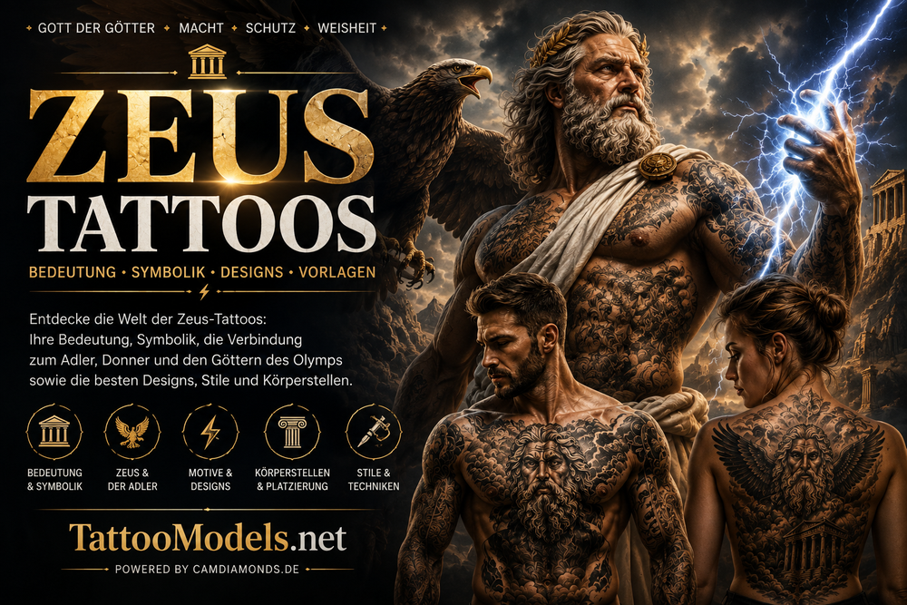 Mann und Frau mit eindrucksvollen Zeus-Tattoos, Blitzen, Adler und griechischen Tempeln als Inspiration für griechische Mythologie und Realistic Tattoos auf TattooModels.net.