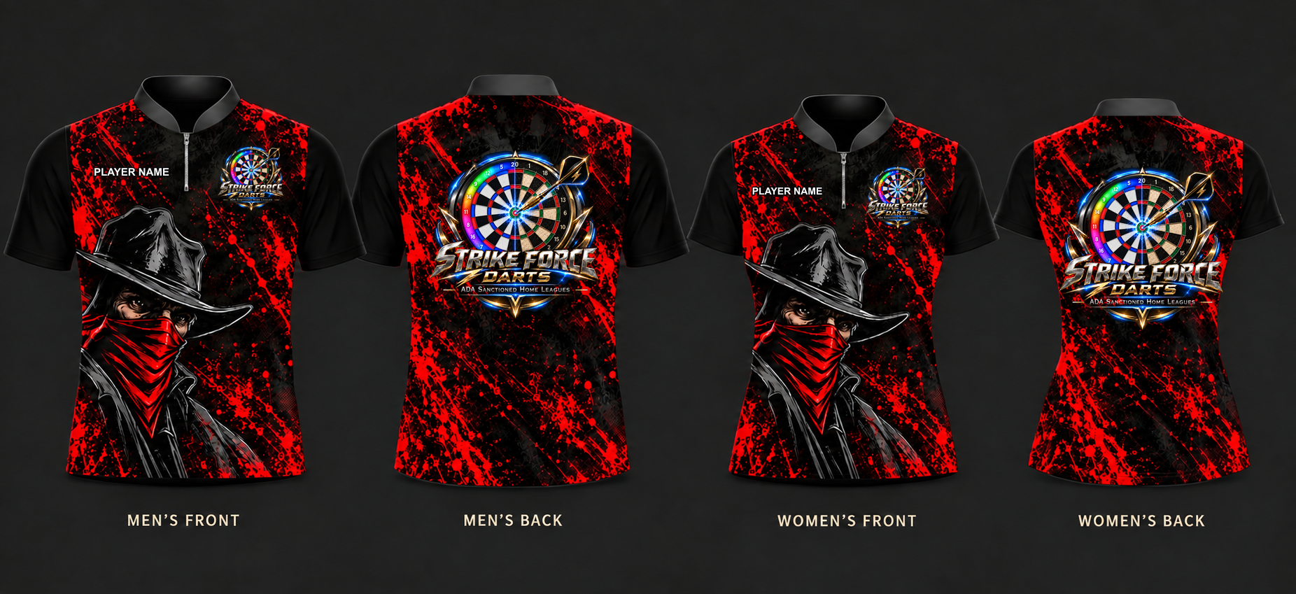 SFD Red Bandit Jersey — men’s front and back, women’s front and back, with official SFD chest logo and PLAYER NAME placeholder
