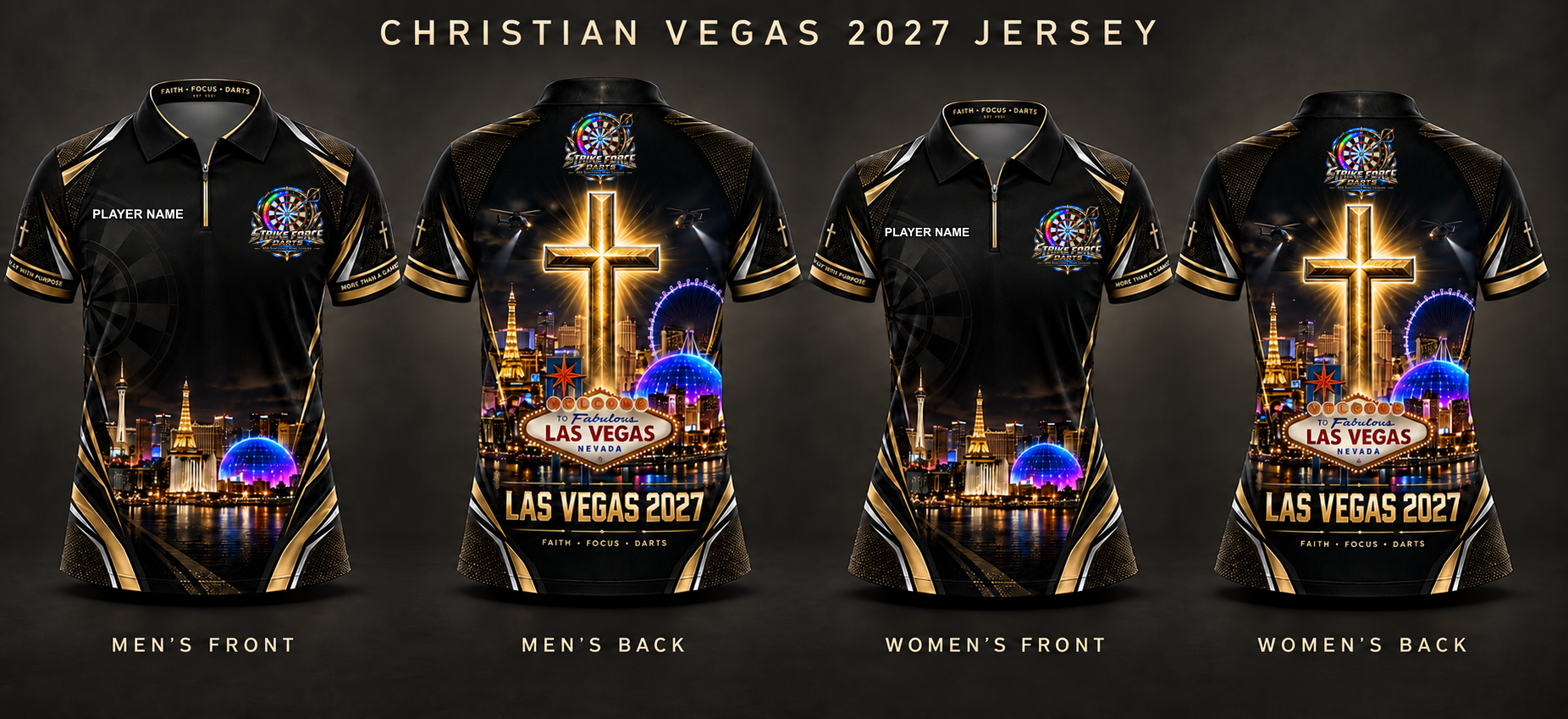 SFD Christian Vegas 2027 Jersey — men’s front and back, women’s front and back, with official SFD chest logo and PLAYER NAME placeholder