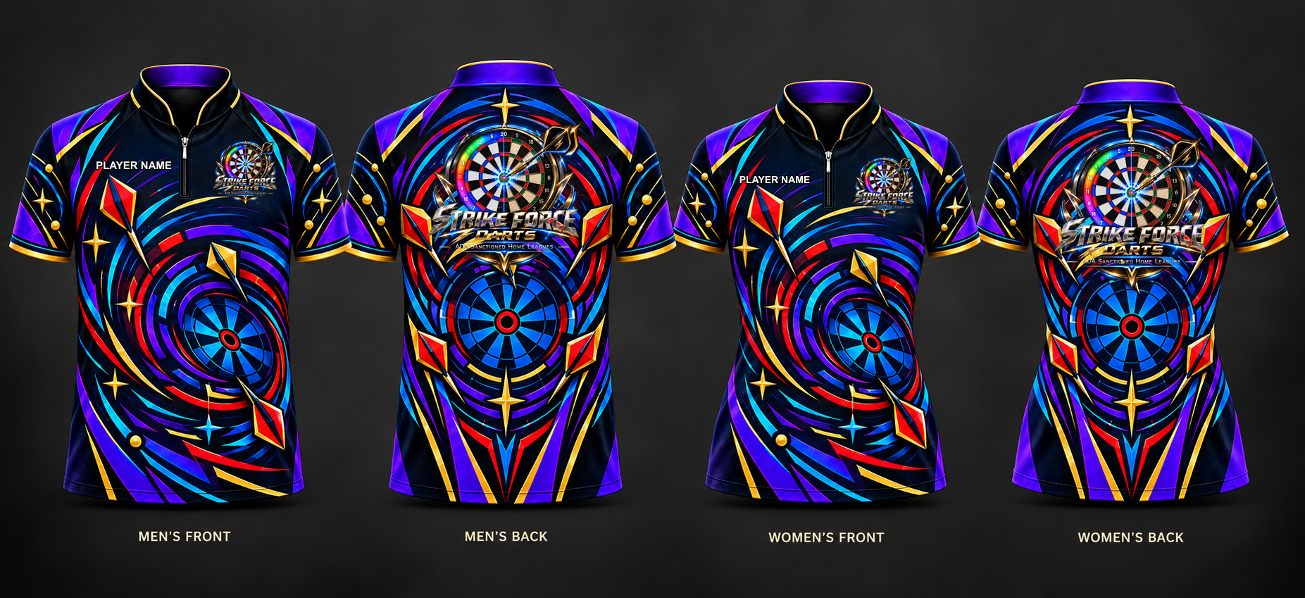 SFD Dynamic Blue Jersey — men’s front and back, women’s front and back, with official SFD chest logo and PLAYER NAME placeholder