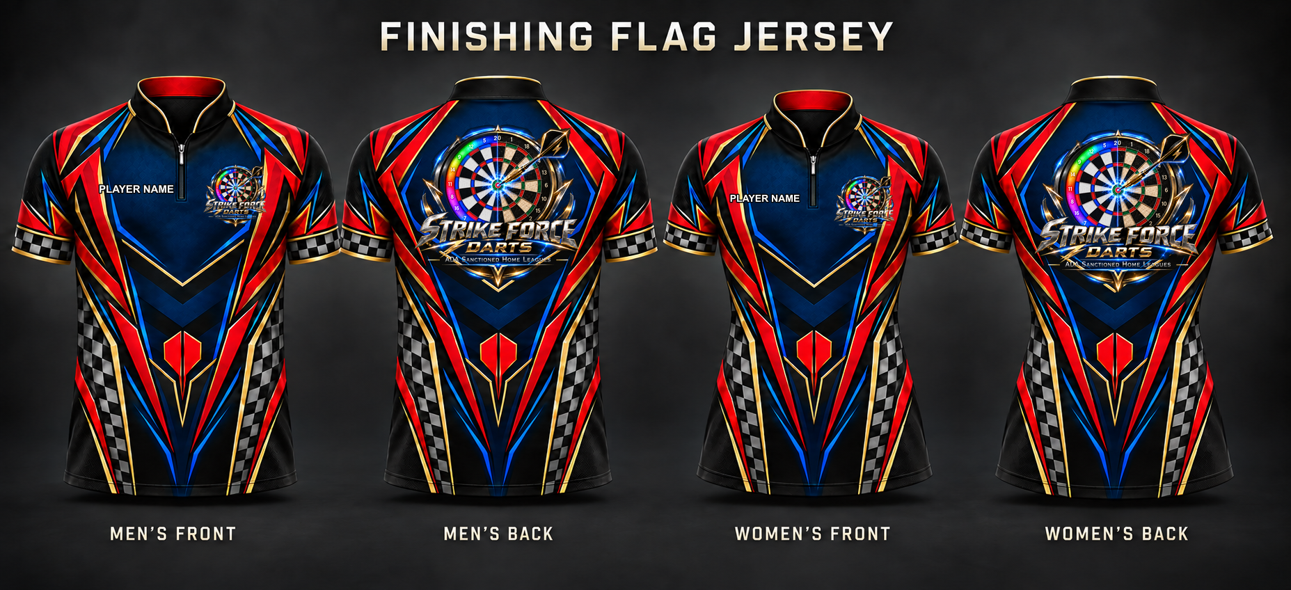 SFD Finishing Flag Jersey — men’s front and back, women’s front and back, with official SFD chest logo and PLAYER NAME placeholder
