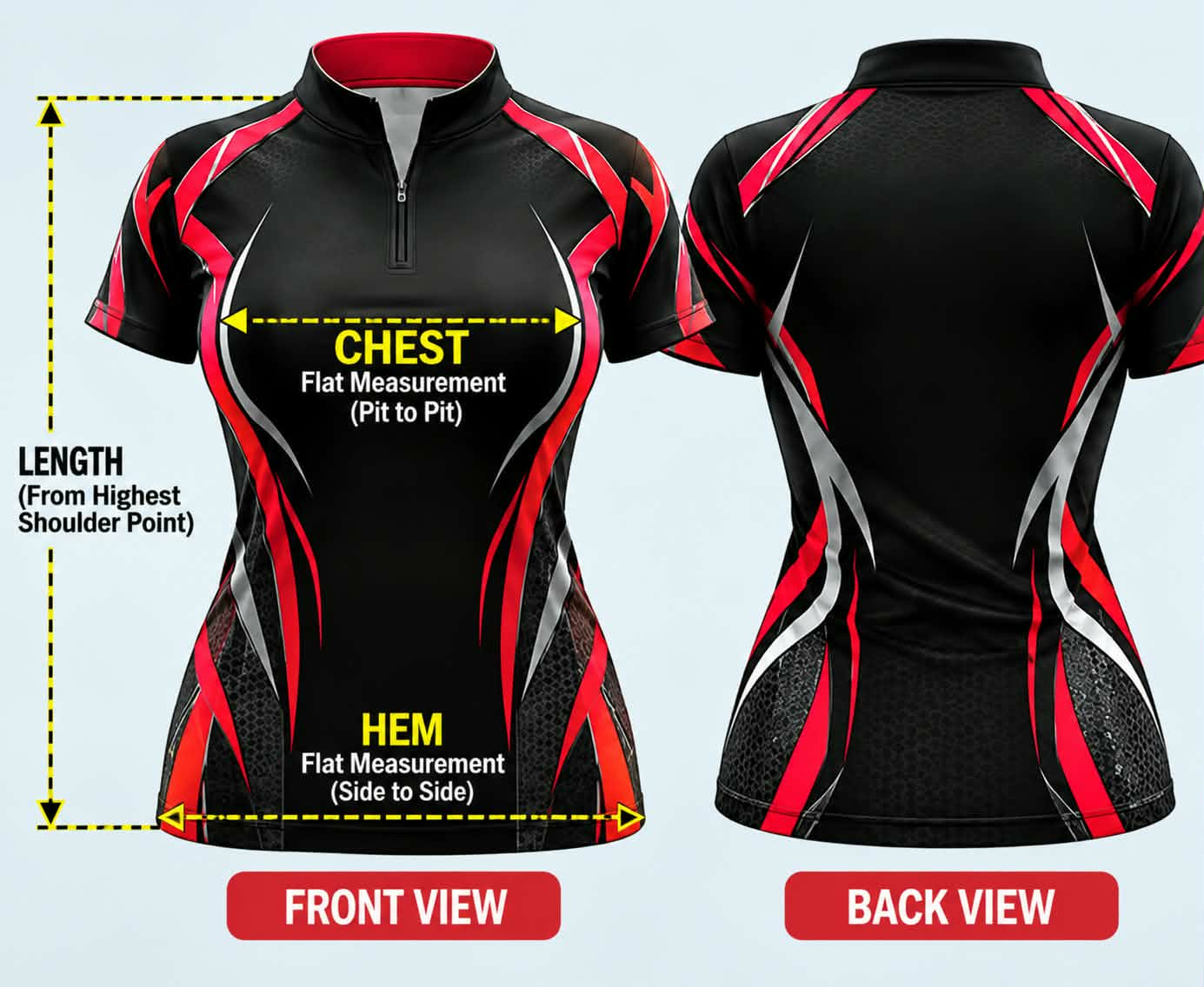 Jersey measurement guide: chest measured flat, pit to pit; hem measured flat side to side; length from highest shoulder point.