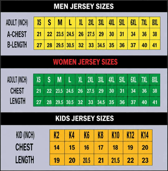 Men, women, and kids jersey size chart with chest width and length in inches.