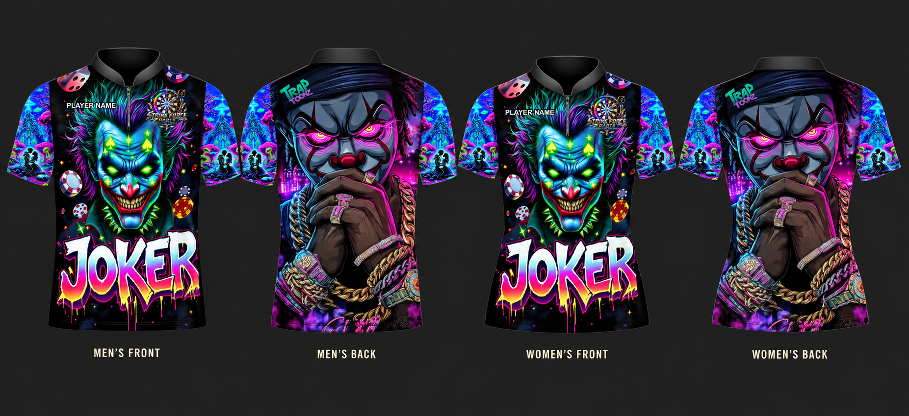 SFD Joker Jersey — New Collection — men’s front and back, women’s front and back, with official SFD chest logo and PLAYER NAME placeholder