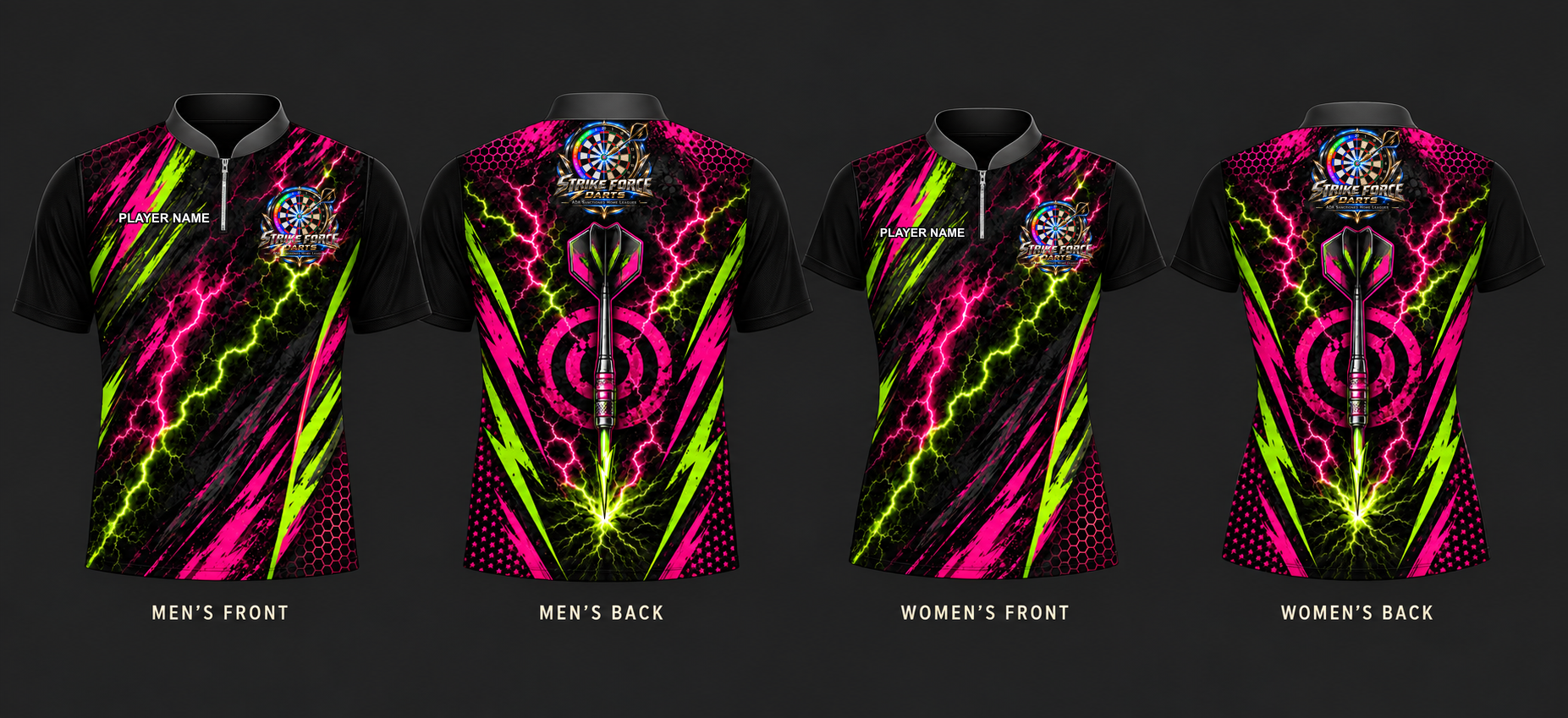 SFD Neon Pink and Green Jersey — men’s front and back, women’s front and back, with official SFD logos on the chest and back, and PLAYER NAME front-chest placeholder