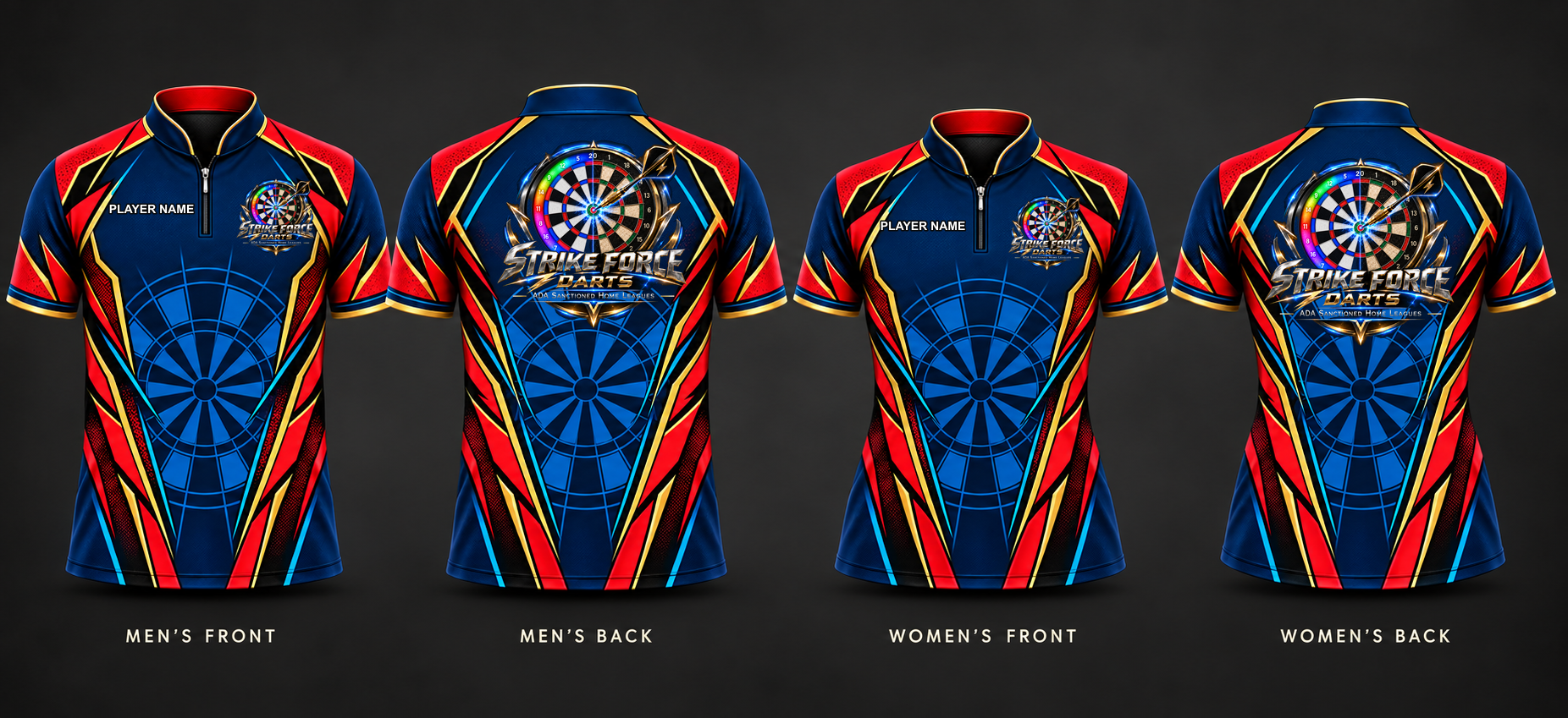 SFD Red and Blue Jersey — men’s front and back, women’s front and back, with official SFD chest logo and PLAYER NAME placeholder