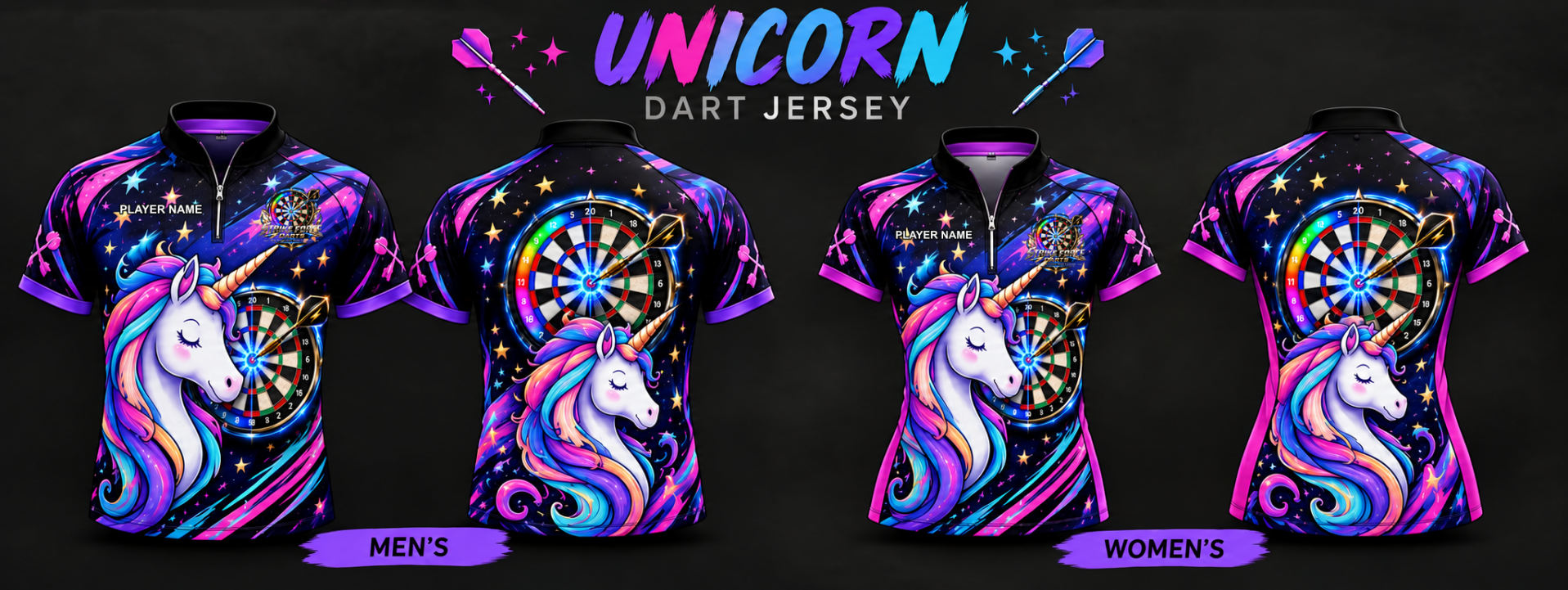SFD Unicorn Jersey — men’s front and back, women’s front and back, with official SFD chest logo and PLAYER NAME placeholder