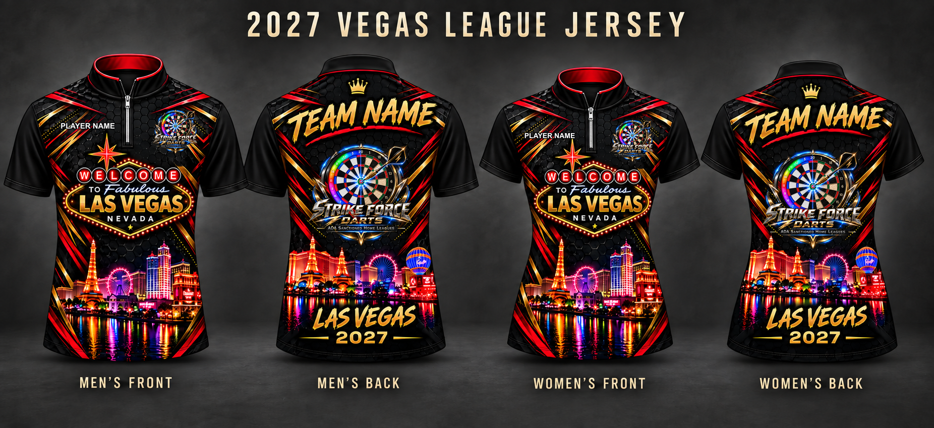 SFD ADA Nationals Vegas 2027 Jersey — men’s front and back, women’s front and back, with official SFD chest logo and PLAYER NAME placeholder