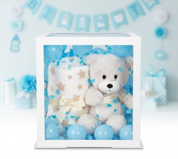 Teddybär mit Decke in Ballonbox - Geschenkbox