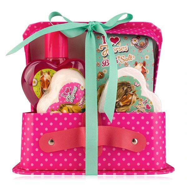 Geschenkset für Mädchen I LOVE HORSES, in Papierkoffer