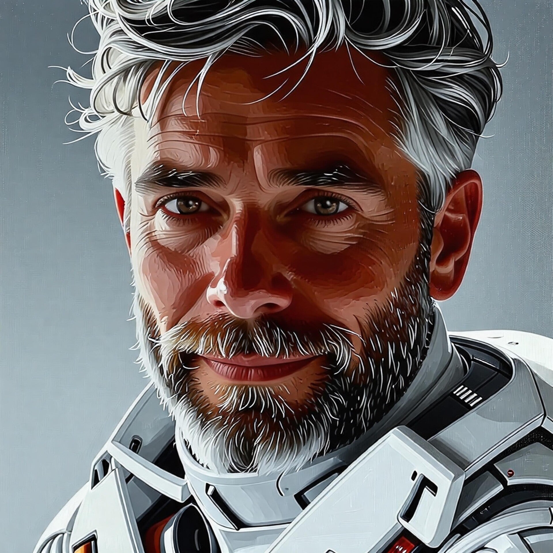 Zu sehen ist ein vereinfachtes Bild eines Mannes in einer Art Raumanzug. Er hat einen Bart, der ebenso wie seine Haare teils ergraut sind. Sein Gesichtsausdruck ist sehr freundlich.