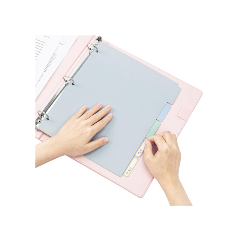 A soft pink faux leather binder with inner pockets and tabs, styled neatly for organizing important papers.