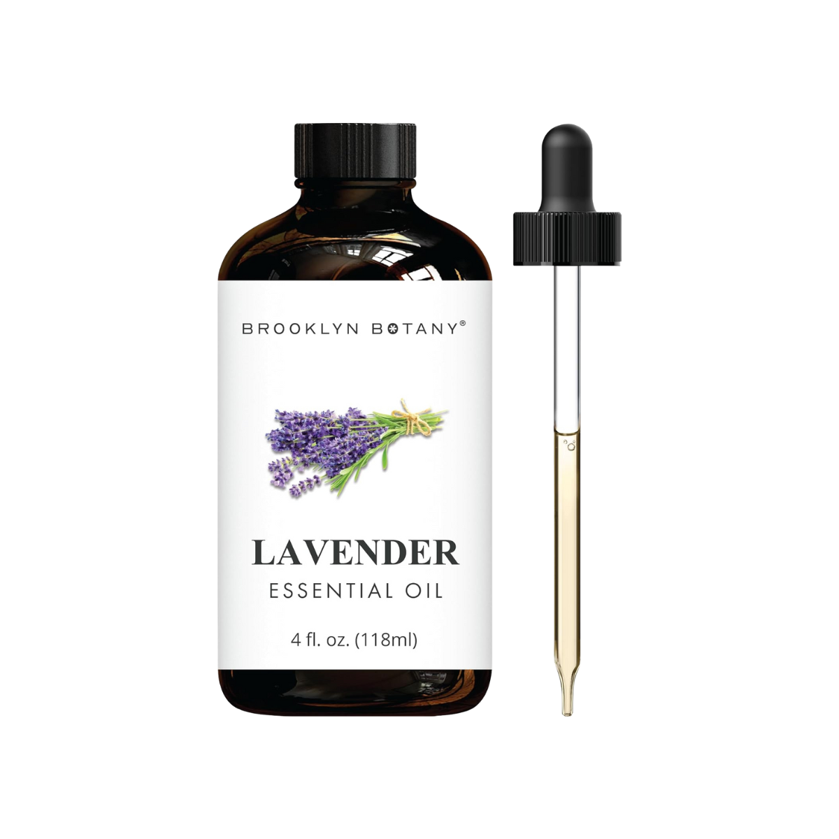 A glass bottle of lavender essential oil with a dropper, styled in a soft, calming setting.