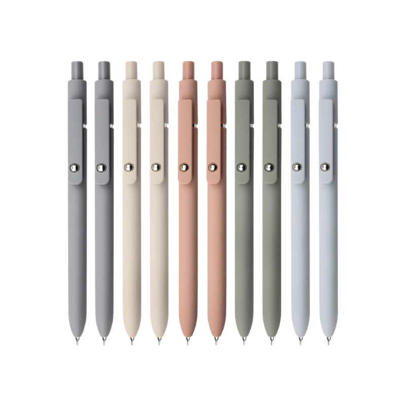 Soft-colored gel pens with smooth rolling tips arranged neatly on a calm, neutral workspace for thoughtful writing.