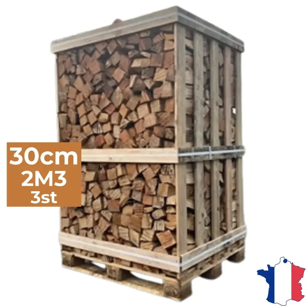 Bois de chauffage 30cm - Palette box 2m3 - Bûches extra sèches (étuvées) - 3 stères Bois de chauffage 30 cm extra sec Bois de chauffage 30cm - Palette box 2m3 - Bûches extra sèches (étuvées) - 3 stères