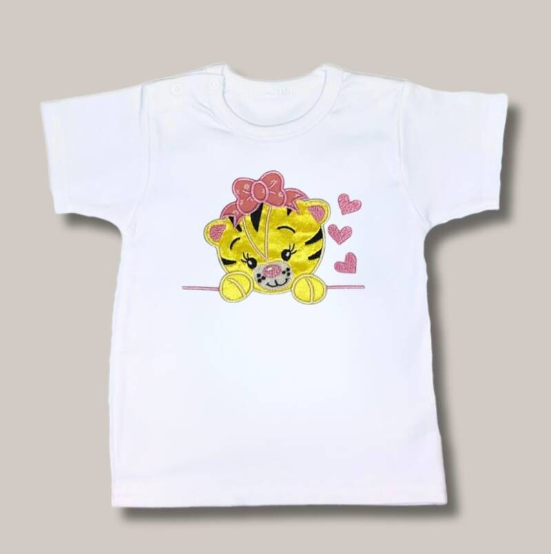 Geborduurde "Tijgertje Aplique" (roze en Geel)T-shirt voor kind