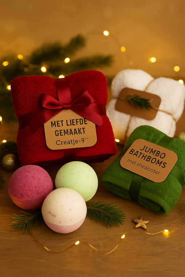 Kerst Wellness Set – Mini Handdoek + 2 Jumbo Bahtboms | Creatje-9™