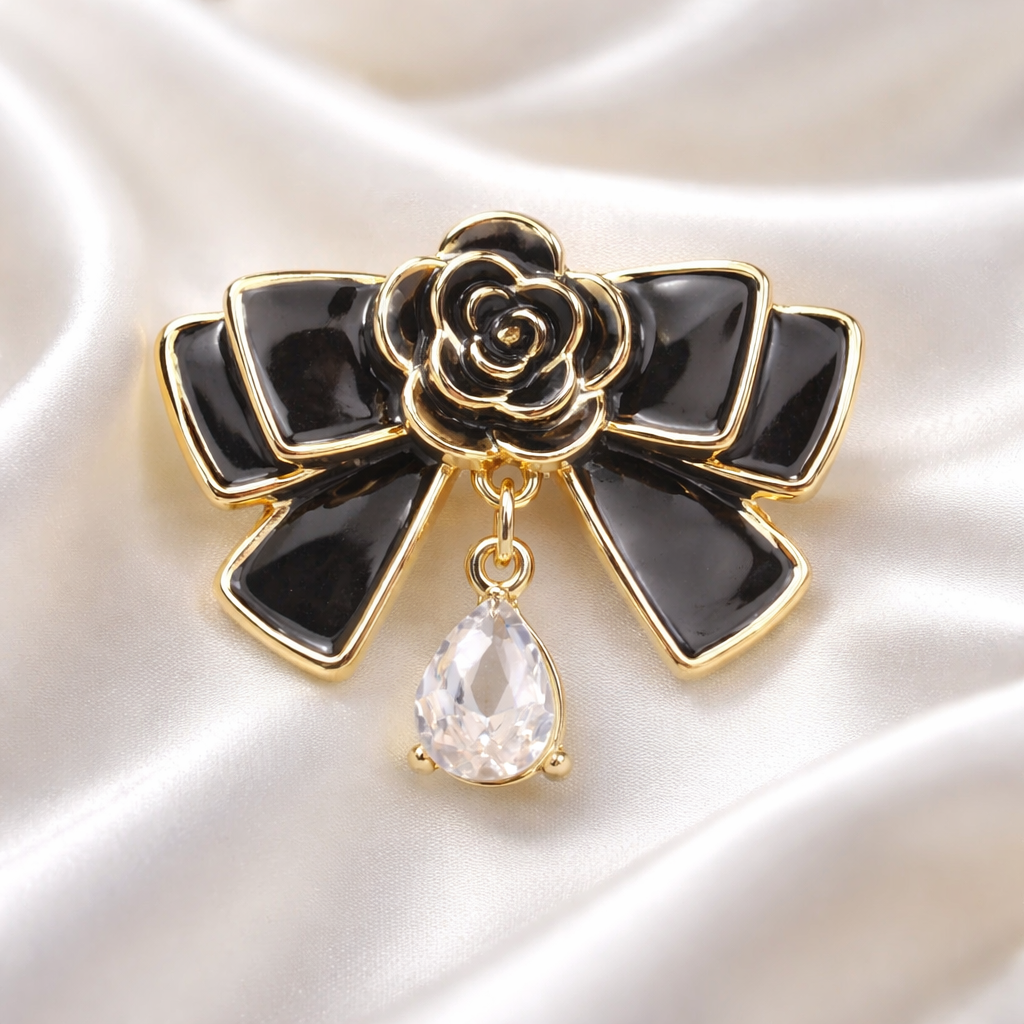 Ladies Camillia and Bow Gold & Black Brooch