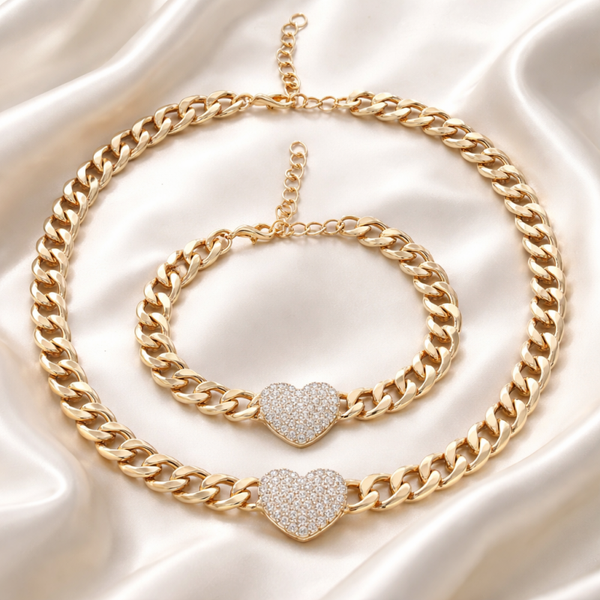 2 Piece Gold Plated Curb Chain Necklace & Bracelet with Heart Pendant.
