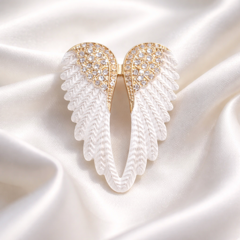 Rhinestone Gold & White Plated Angel Winged Brooch