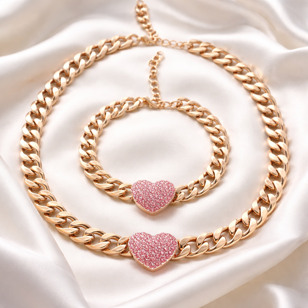 2 Piece Gold Plated Curb Chain Necklace & Bracelet with Heart Pendant.