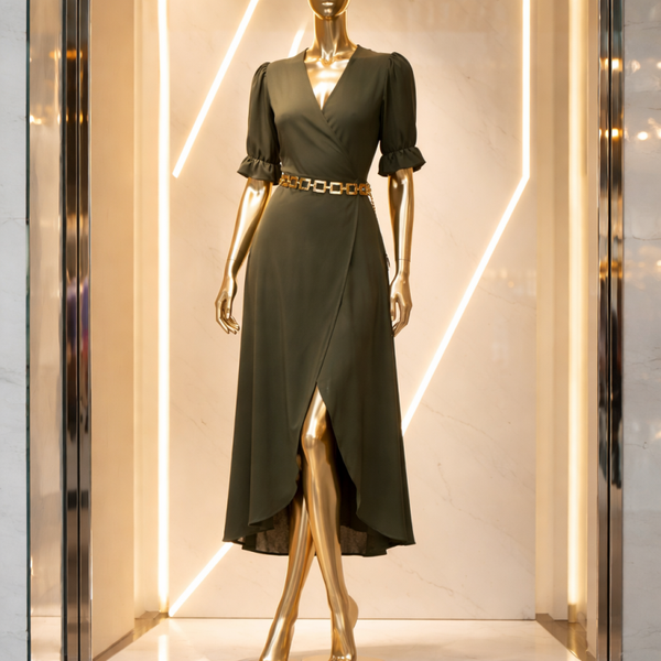 Ax Paris Khaki Green Midi Summer Wrap Dress