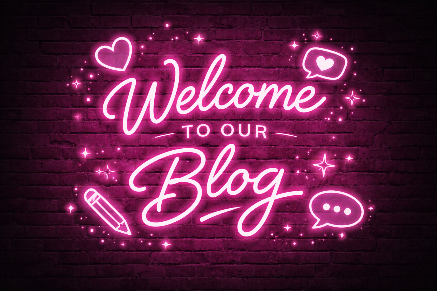 Pink neon sign reading “Welcome to Our Blog” on a dark brick wall background.