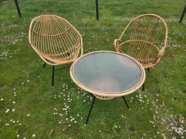 Vintage rotan setje tafel + 2 stoelen