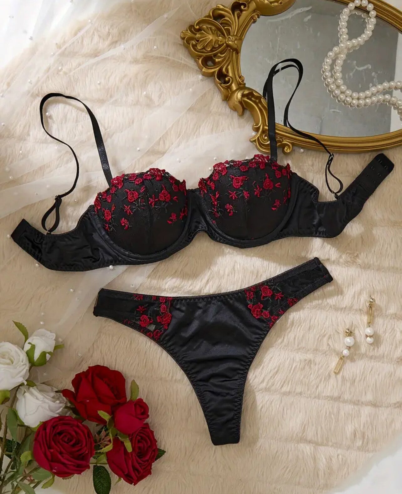 Ensemble de sous-vêtements brodés fleur noire, soutien-gorge push-up