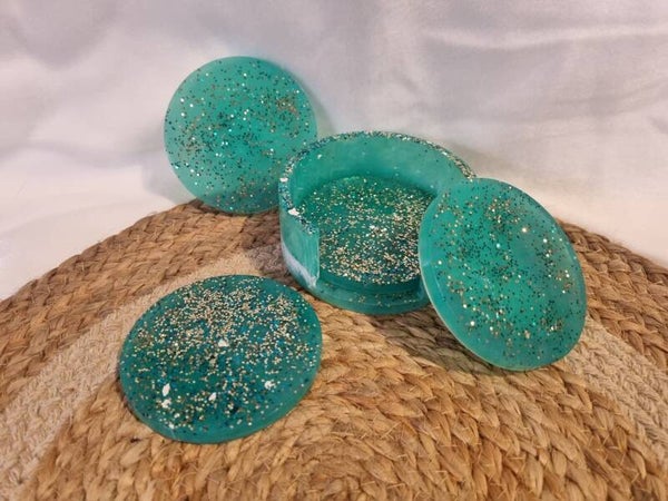 4 sous verres + support bleu Lagon et paillettes