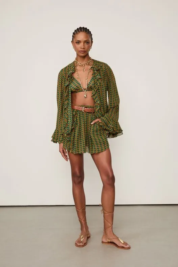 Saia de Georgette Curta Renda