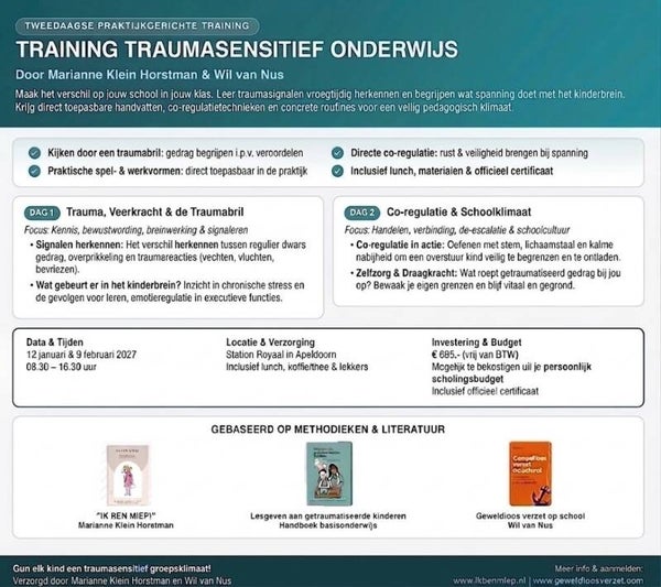Tweedaagse training traumasensitief onderwijs 12 januari en 9 februari 2027