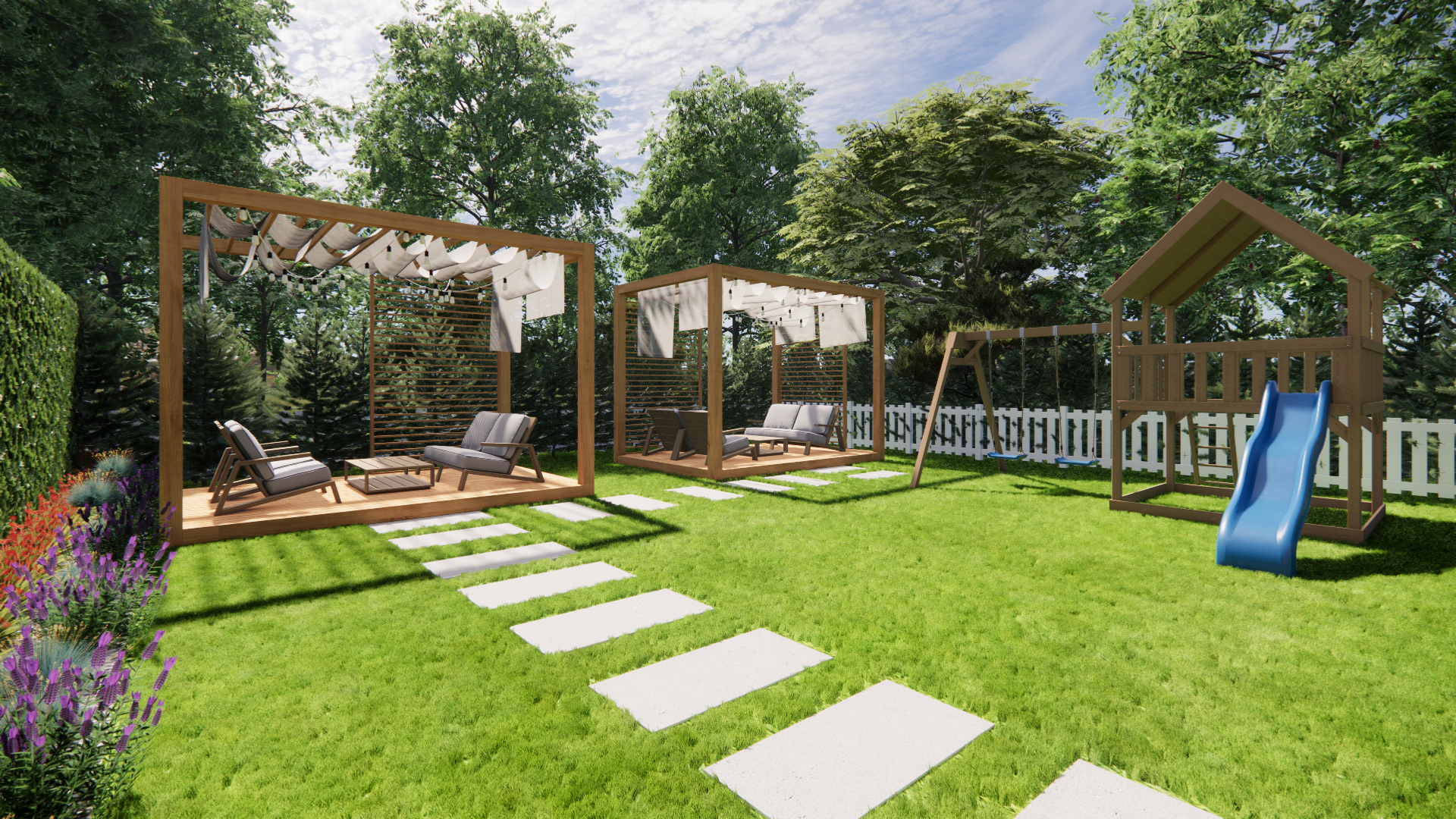 Projekt ogródka letniego przy kawiarni z zielenią i strefą relaksu dla klientów, architektura krajobrazu