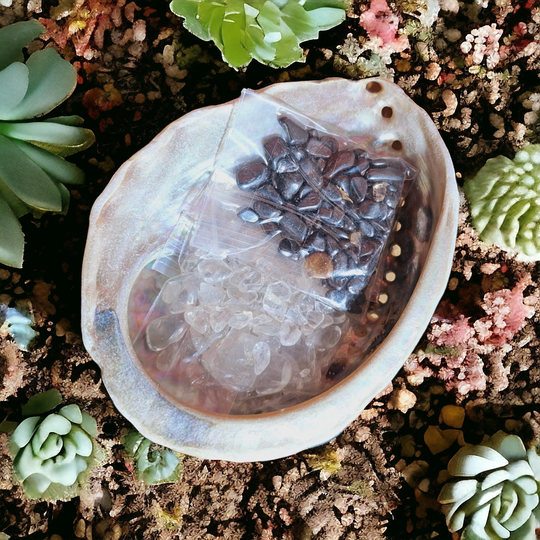 Abalone schelp S met Hematiet en Bergkristal chips