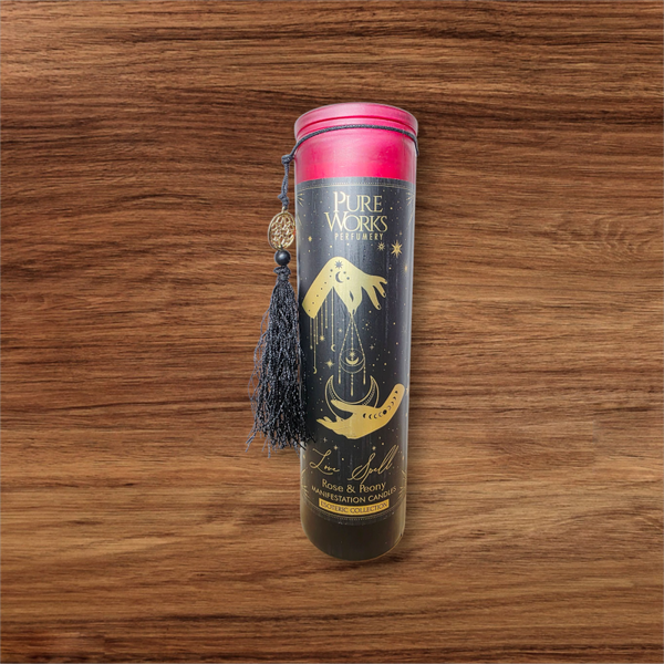 Manifestatiekaars Love Spell in glas met kwast