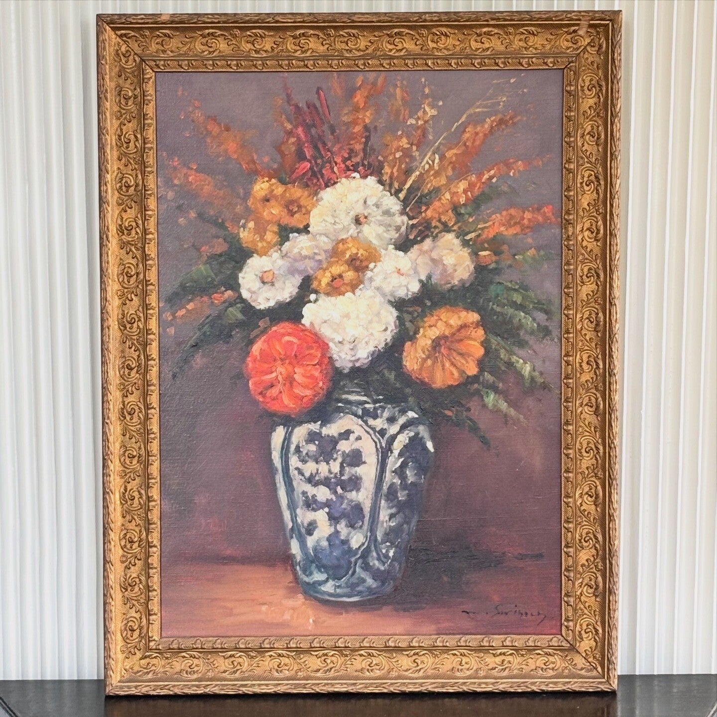 Schilderij met bloemen in een Boch vaas - Painting depicting flowers in a Boch vase