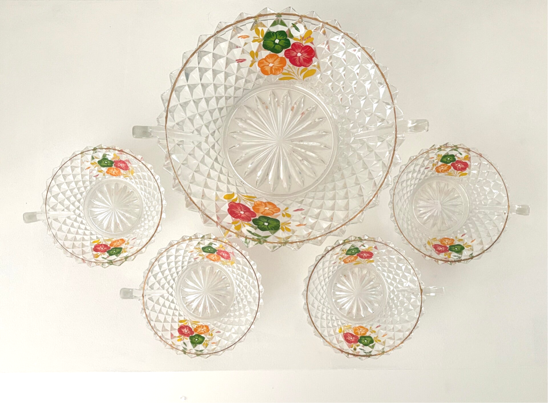 Persglazen punchschaal & 4 punchschaaltjes Lubiana Italy - Pressed glass punchbowl & 4 dessertbowls by Lubiana Italy